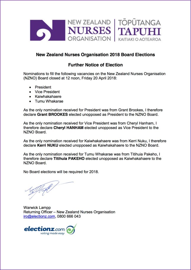 2018-04-20 NZNO nominations and elected unopposed Further Notice of Election 2018